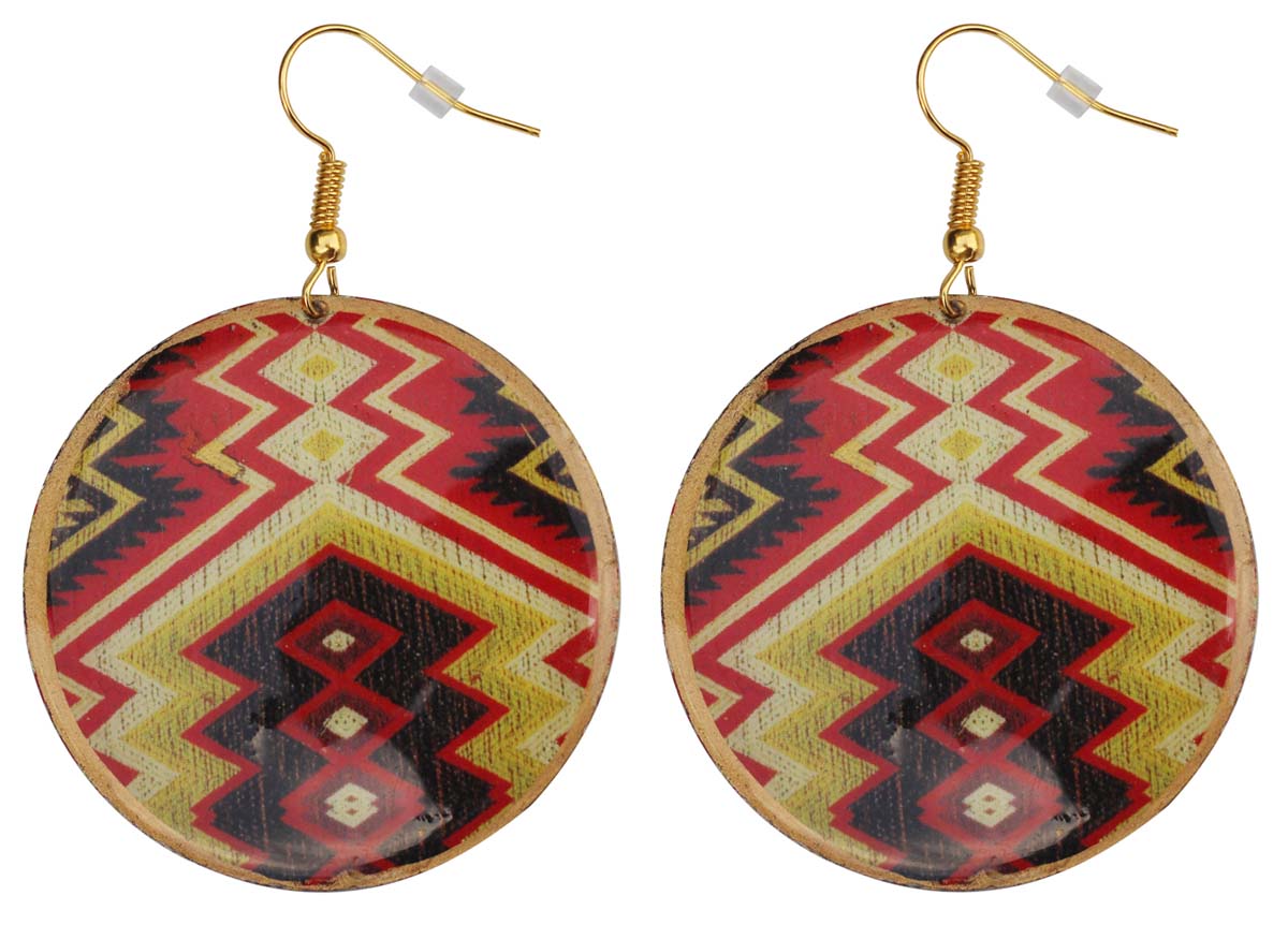 2.5” Pair of Round Hook Earrings in Brass - Colorful Kilim Pattern - Drop Earrings / Women Fashion Jewelry - Buy in Bulk Wholesale